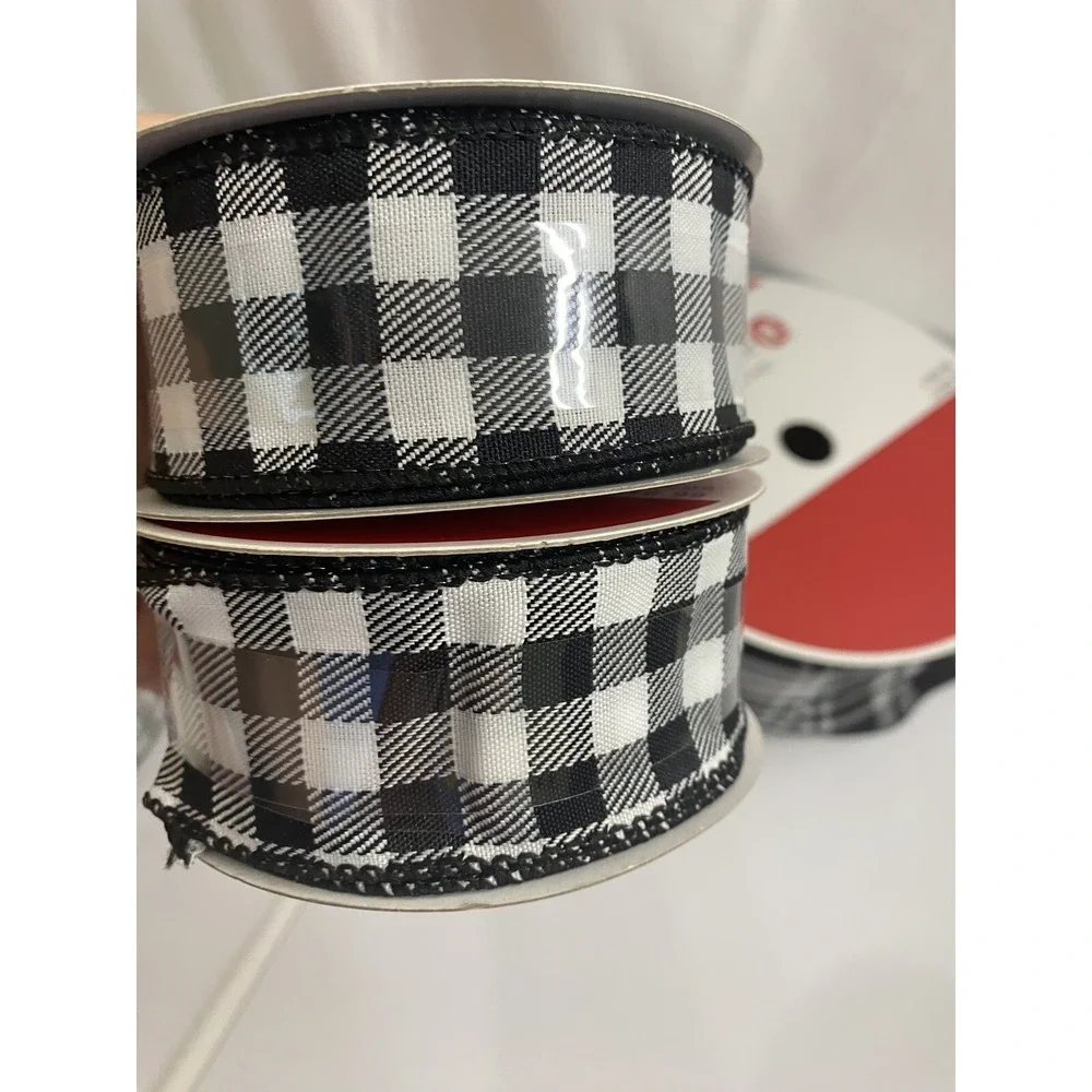 Buffalo Plaid Wired Ribbon Lot Christmas‎ Black White Craft Decor 7 Rolls